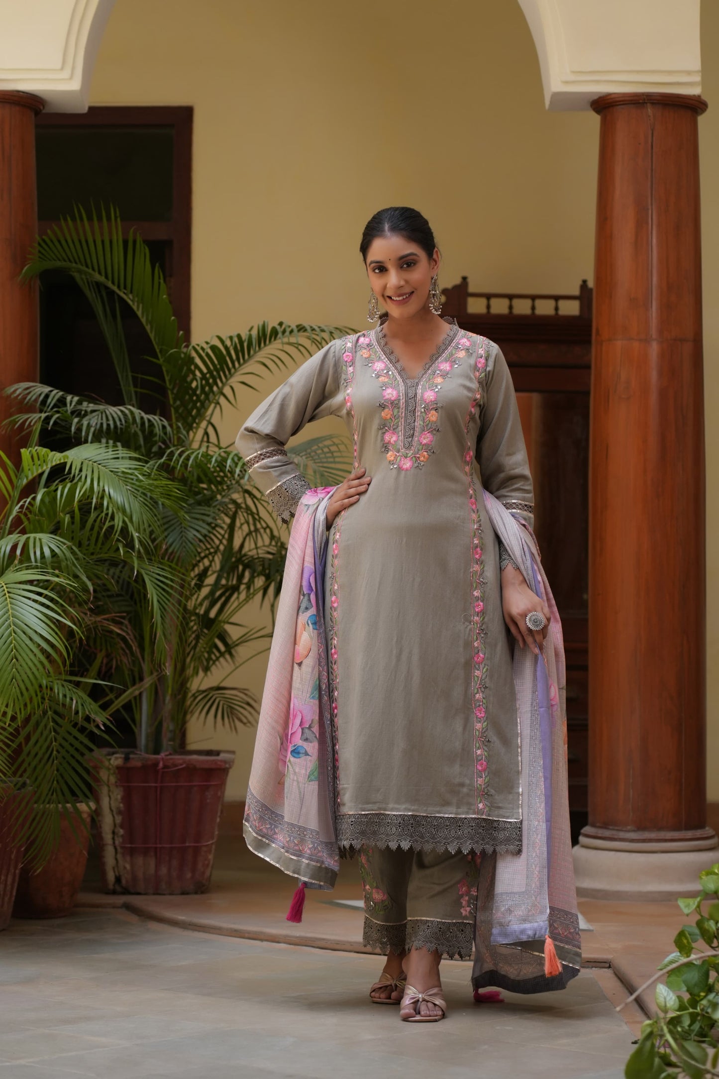 Grey muslin Parsi work