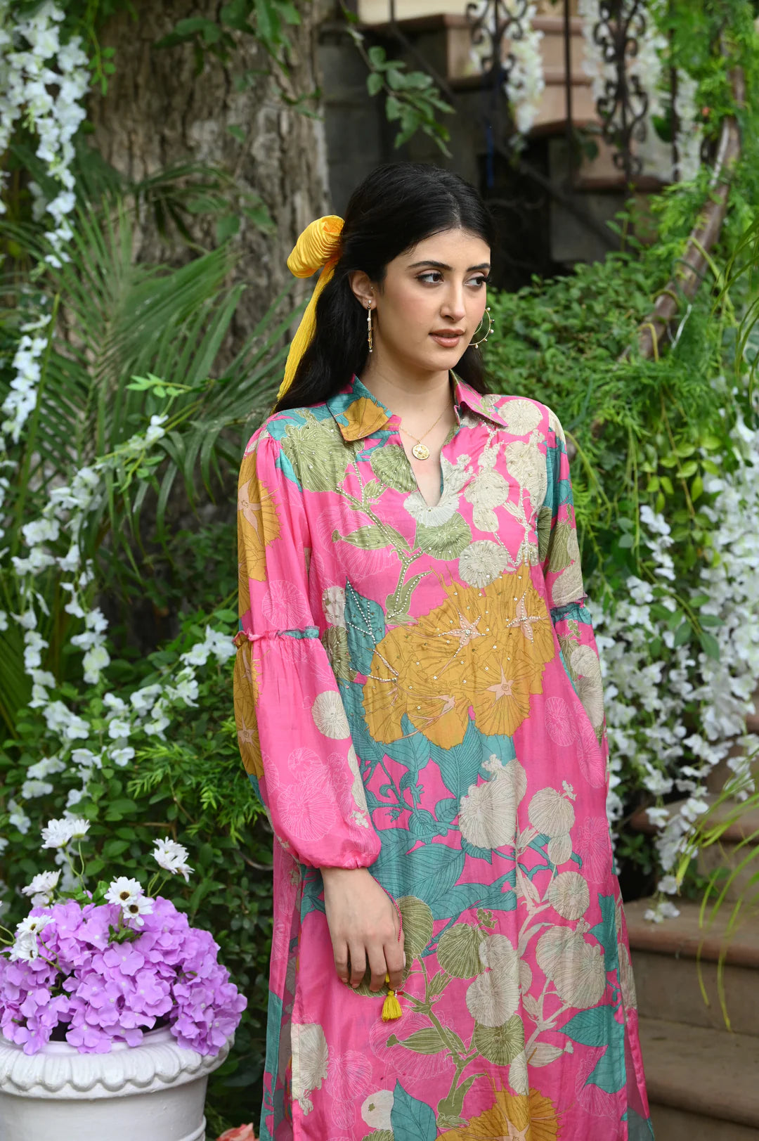Pink Flower Muslin Kurt Set