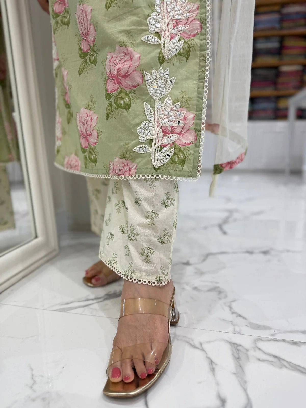 Floral pista green cotton adaa suit
