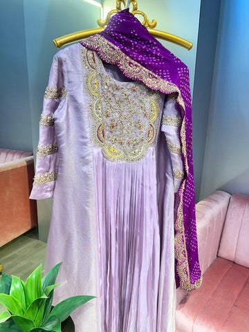 Handworked Pleated Anarkali Set with Bandhani Dupatta