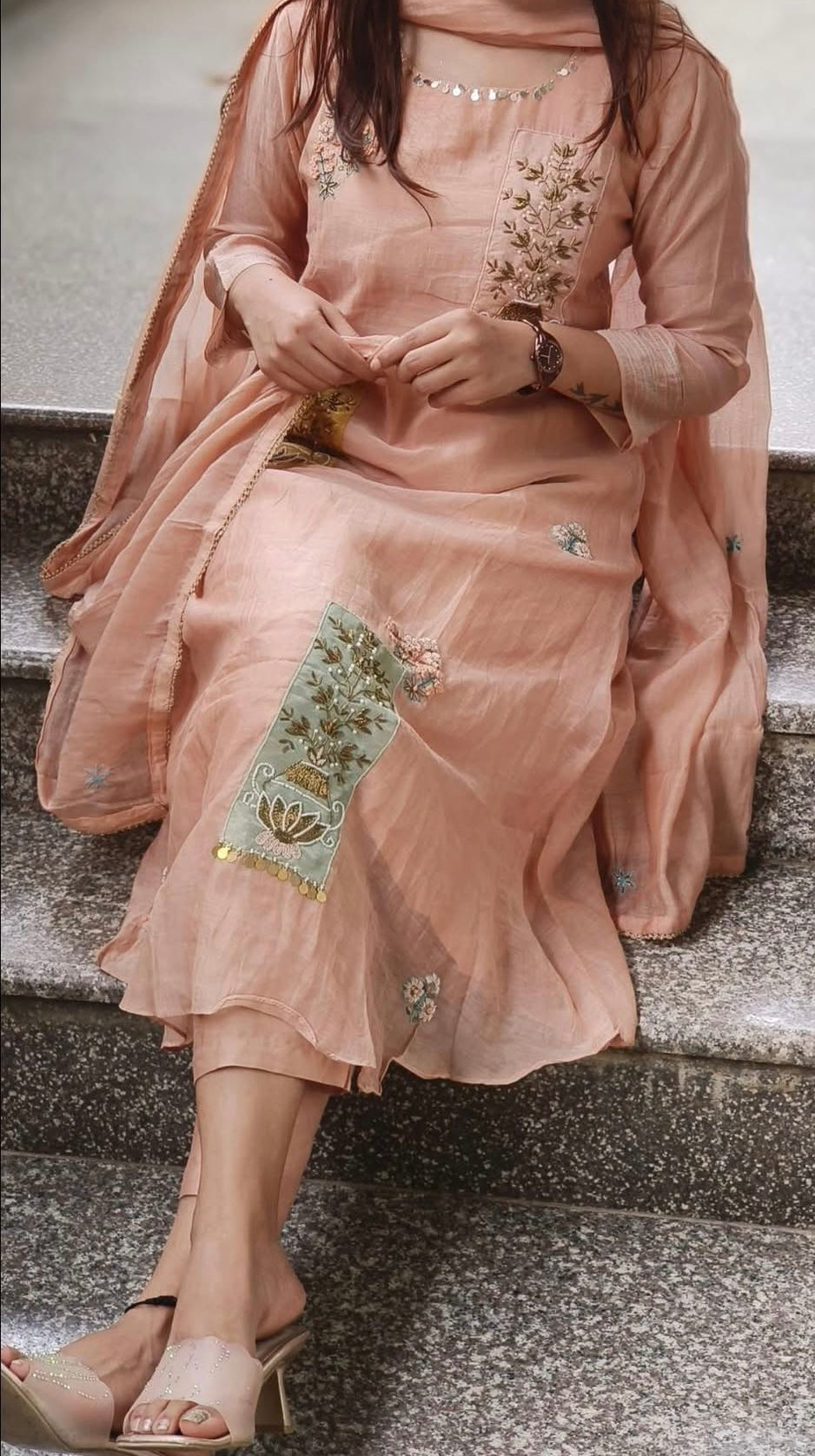 Unique Rectangular applique Floral Zardosi Handwork A-Line Pure Mul Chanderi Full Sui