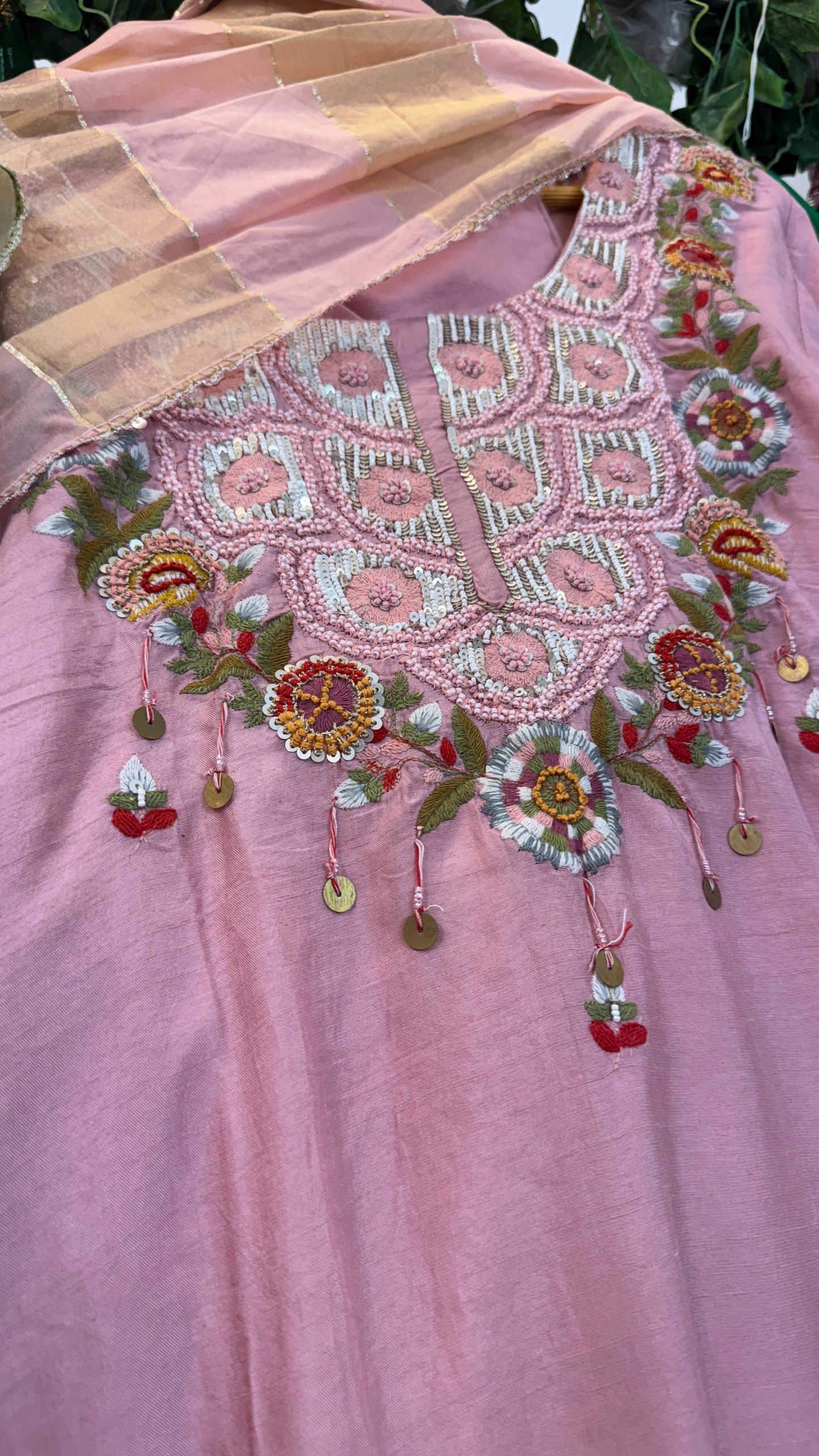 Baby pink / green silk suit with tissue Dupatta