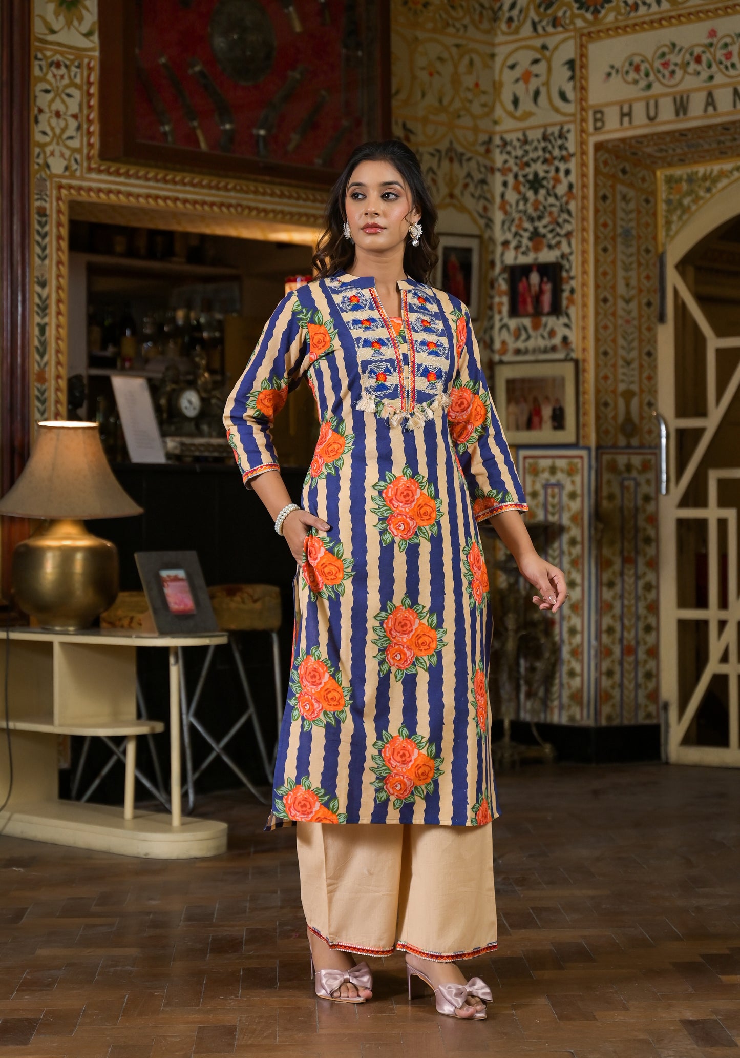 Stripe floral blue kurta pant