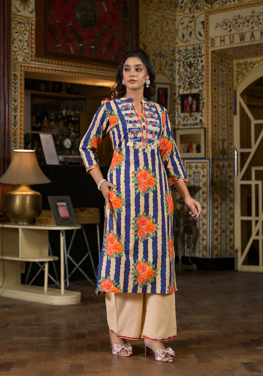 Stripe floral blue kurta pant