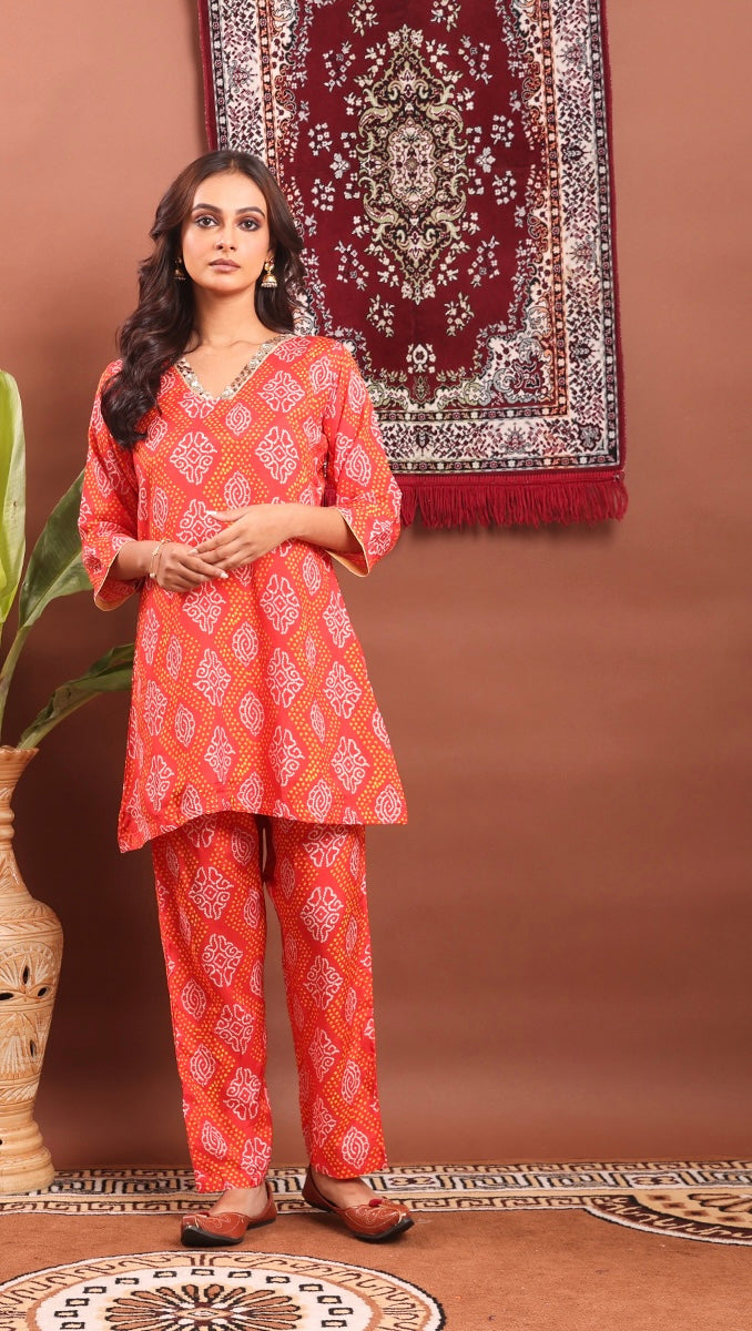 Festive red/pink bandhej co-ord set with adda work on neckline