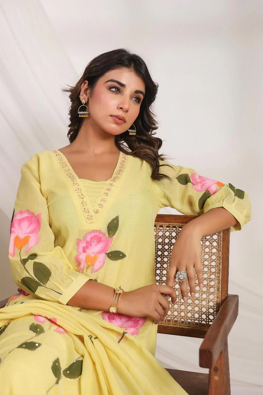 Yellow Hand printed mul chandari