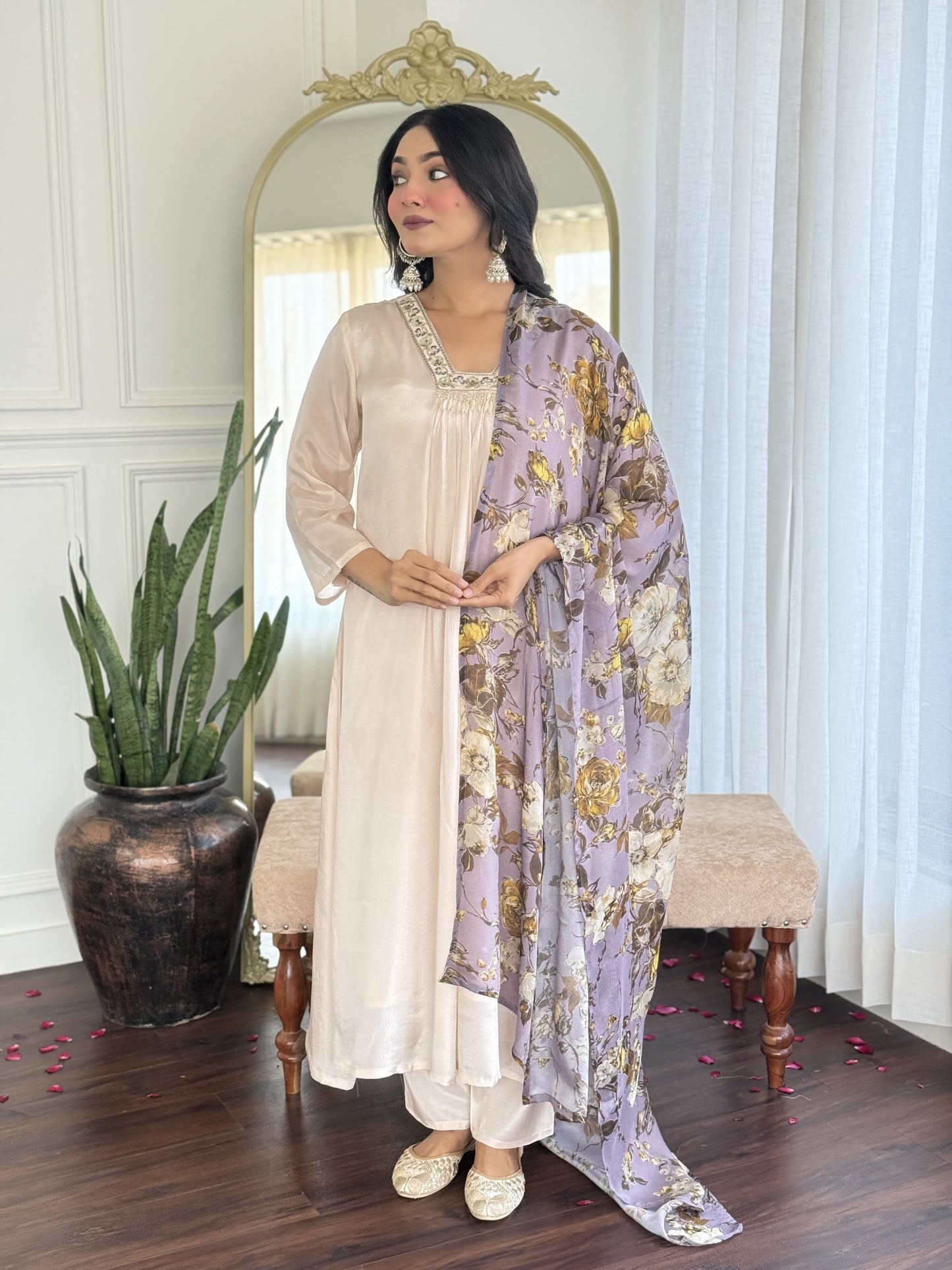 Ivory purple chinon Aline suit