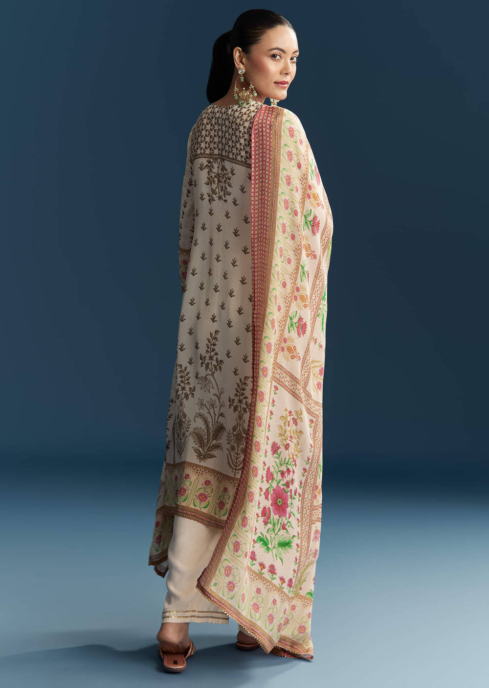 Mughal print crepe suit with pure chiffon Dupatta