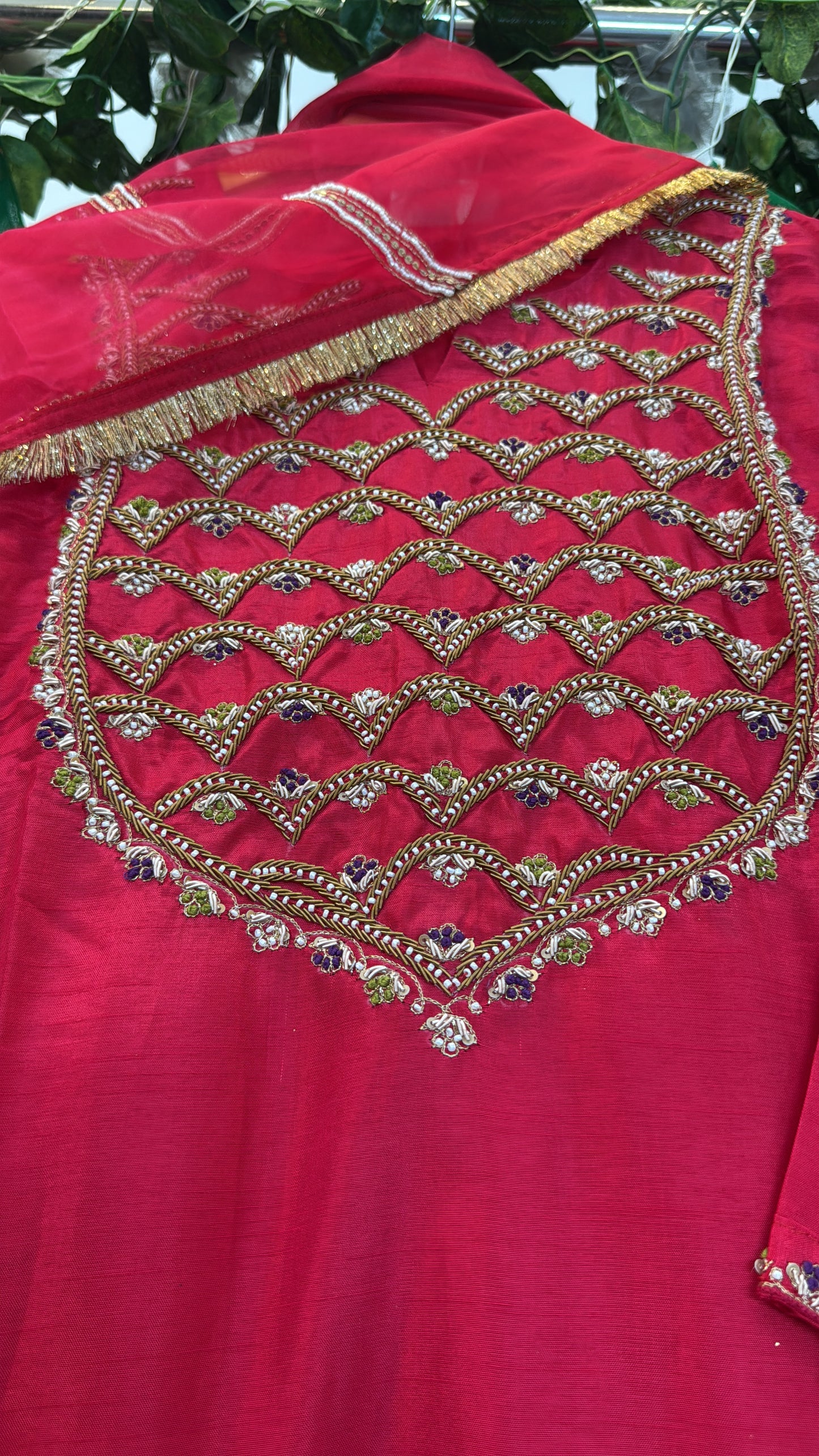 Red/ green Net ethnic hand work