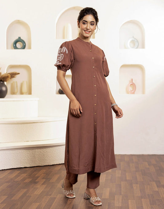 LAMHE EMBROIDERED FRONT OPEN KURTA SET-BROWN