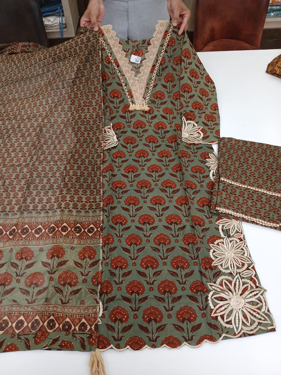 Cotton green ajrakh cut work