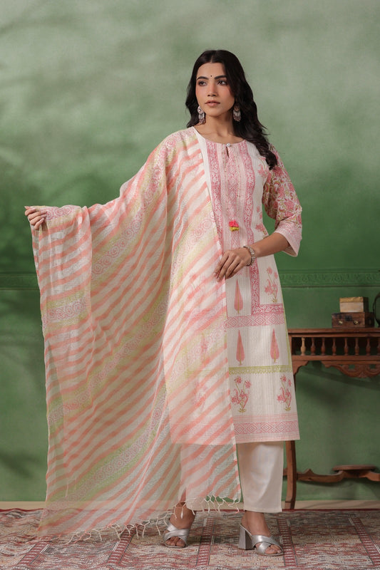 Floral premium lehriya off white suit