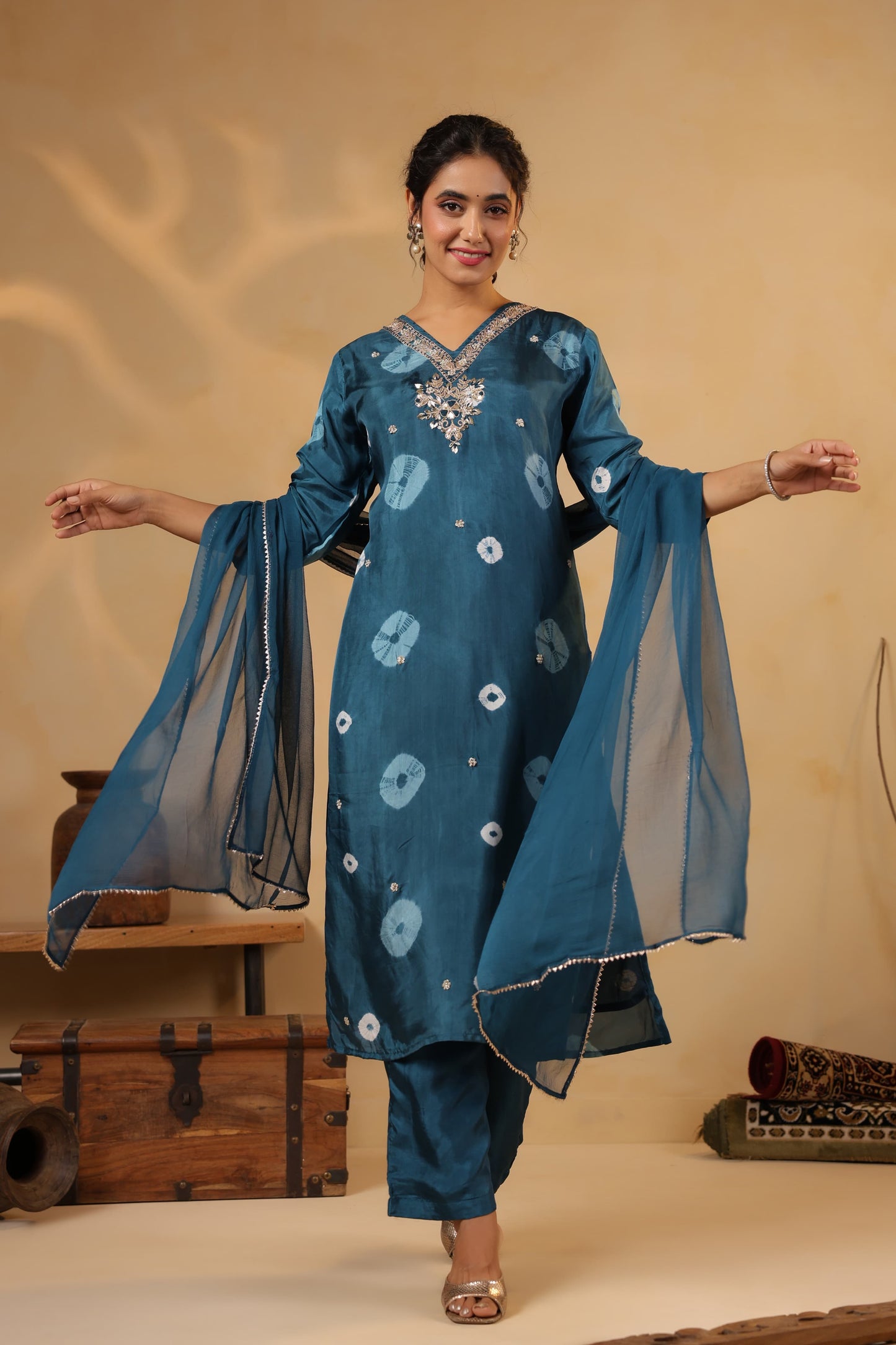 Blue Bandhani silk suit
