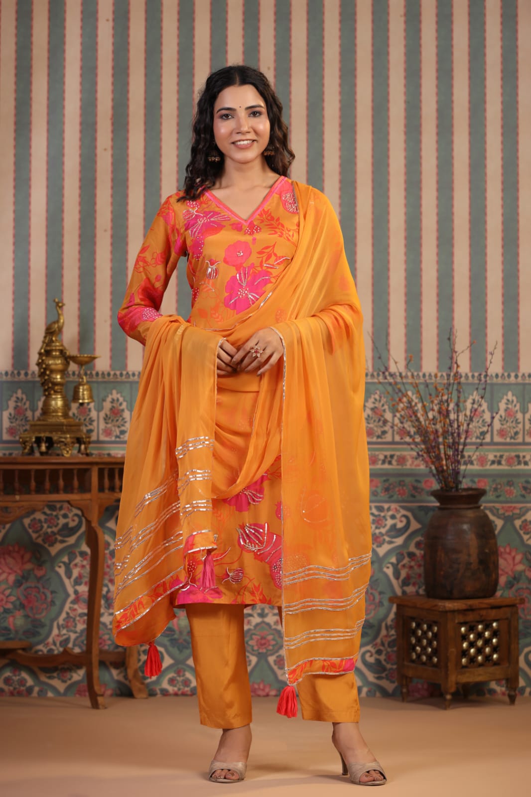 Muslin silk orangy & purple suit