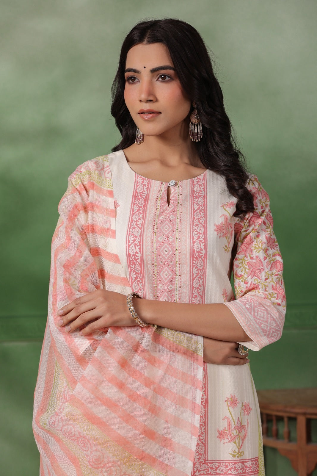 Floral premium lehriya off white suit