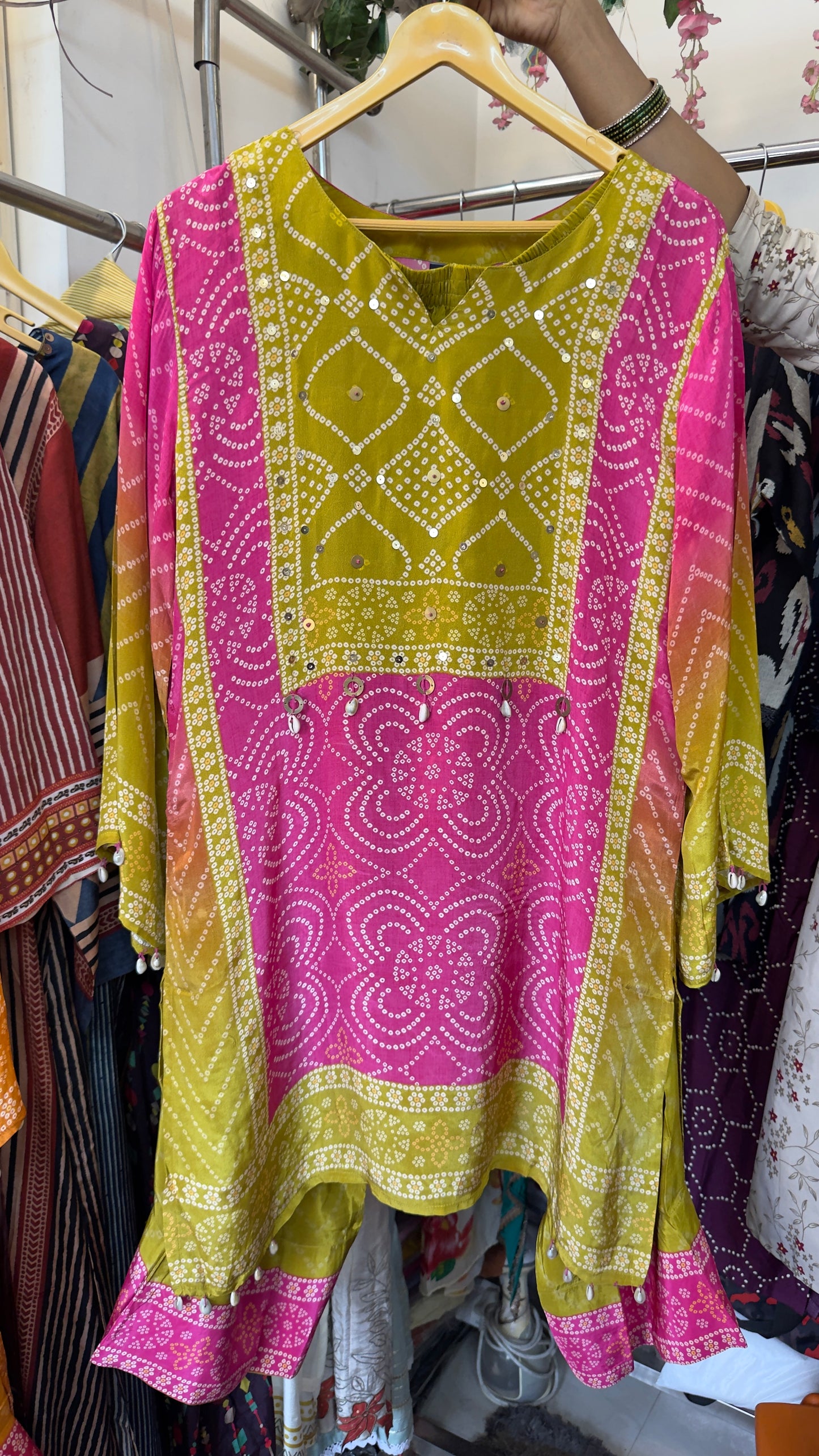 Pink yellow Bandhani crepe co ord set