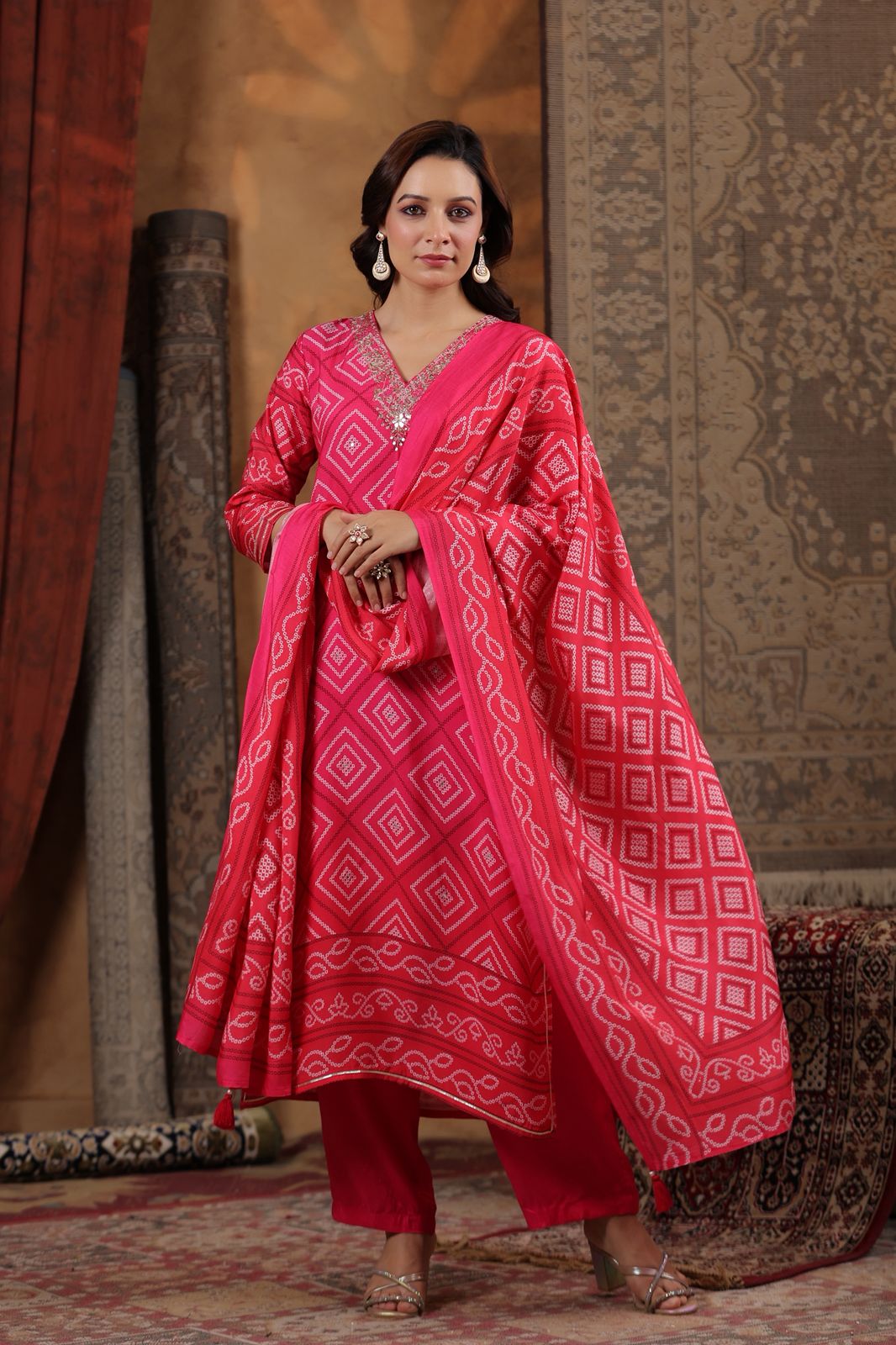 Red pink Bandhani muslin silk suit