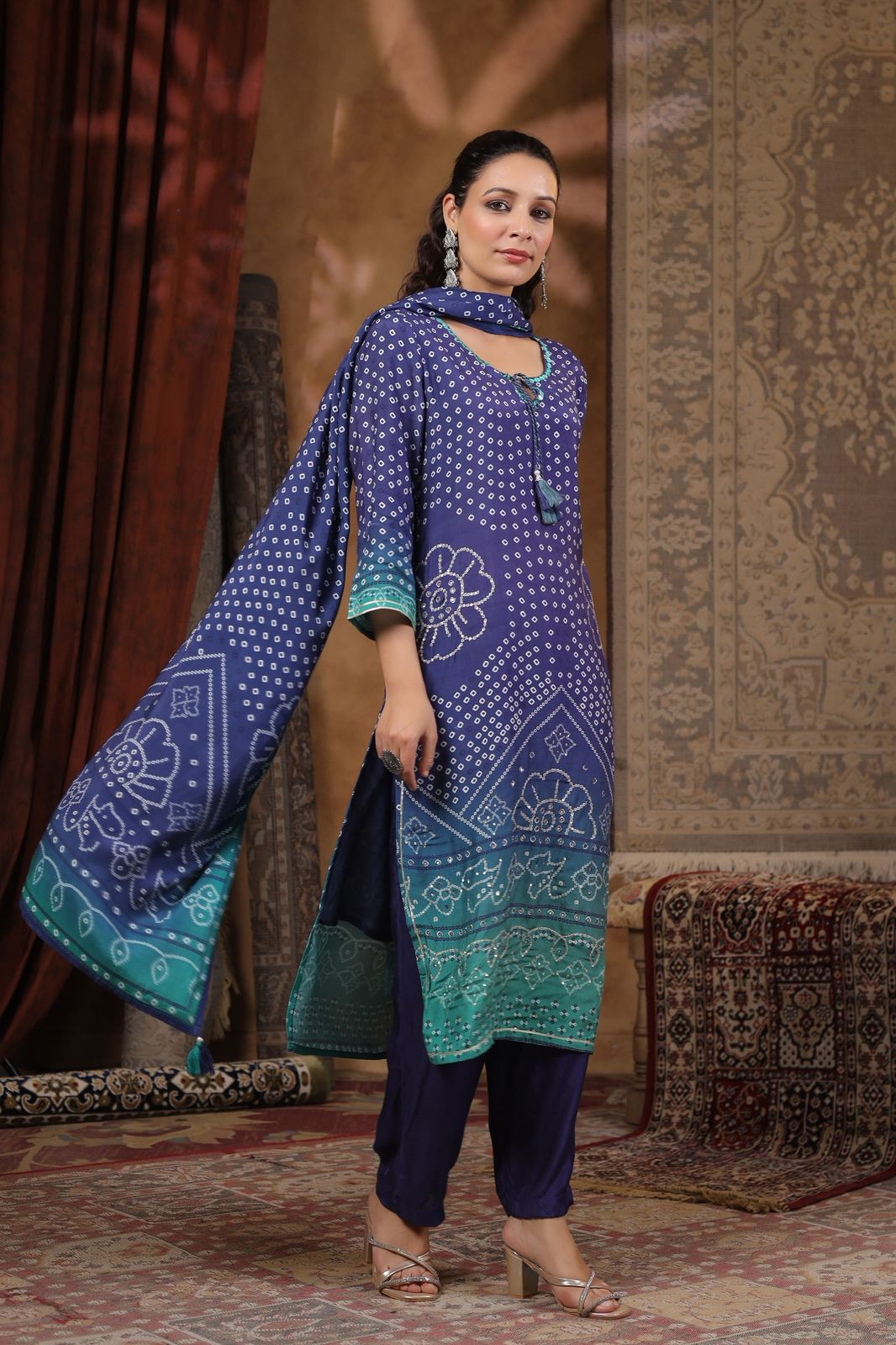 Blue Bandhani muslin silk suit
