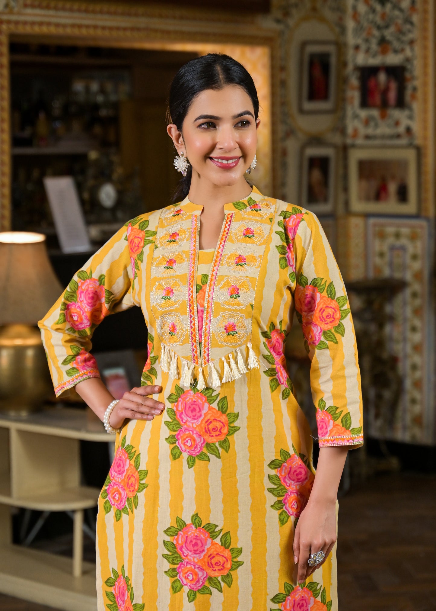 Stripe yellow floral kurta pant