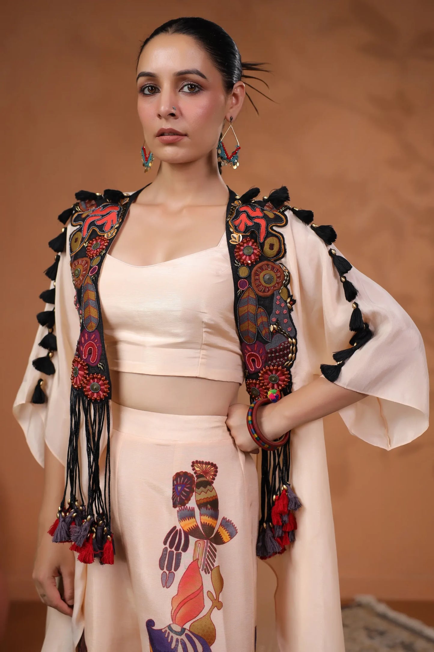 3 Piece Set , Printed Trouser Hand Embellished Jacket With Bustier