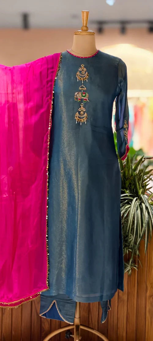 Jewel blue elephant handwork premium tissue suit with organza Dupatta & tulip pants