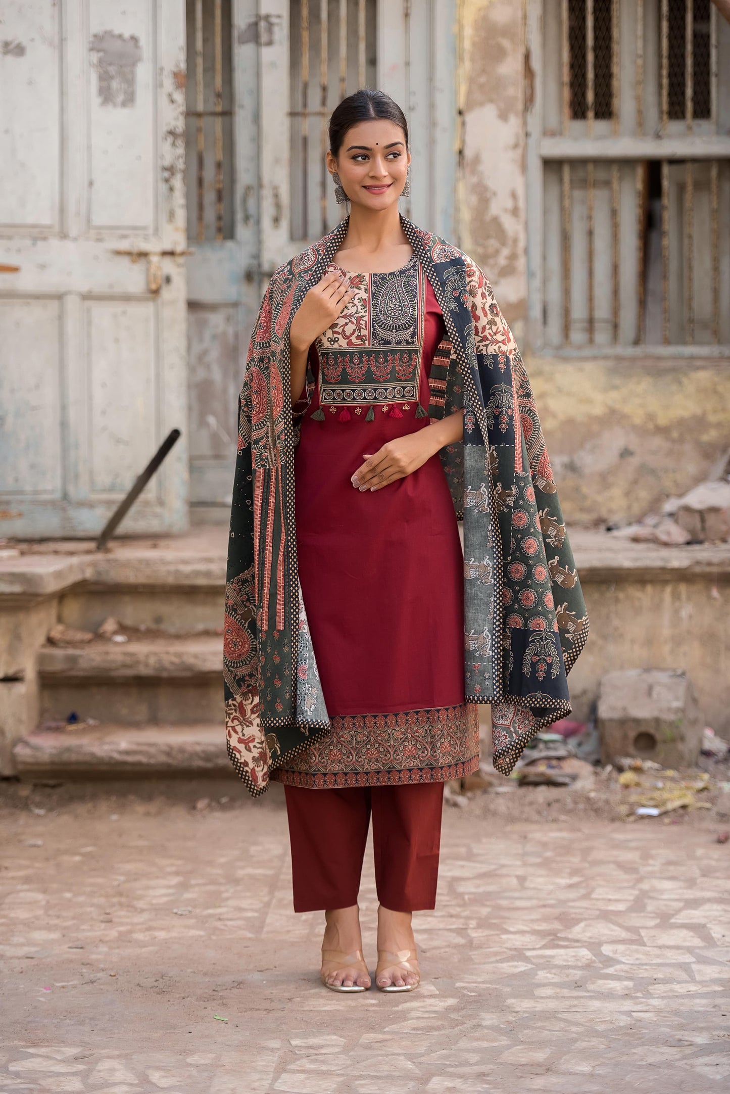 Maroon kutch ajrakh cotton Set