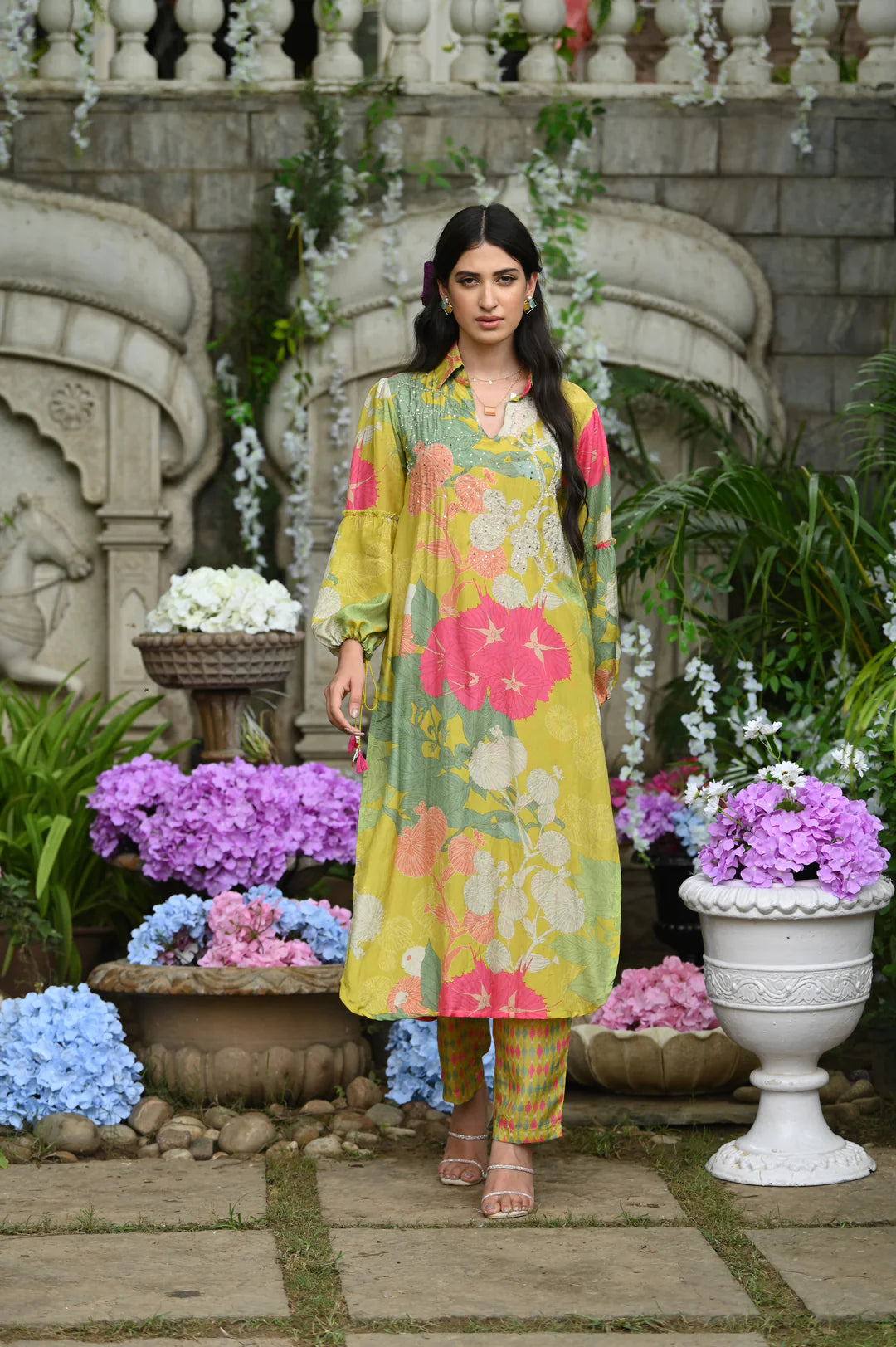 Lime Flower Muslin Kurta Set