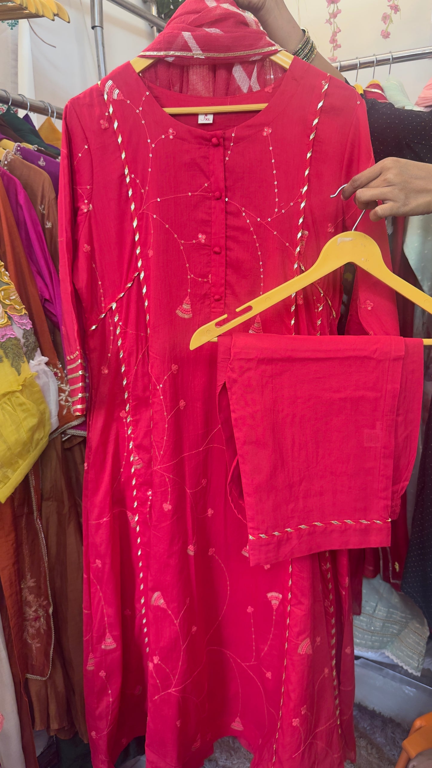 Red lady premium cotton Aline suit with kota doria dupatta