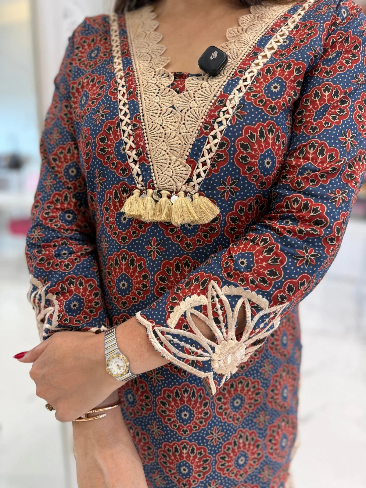 Cotton blue ajrakh cut work