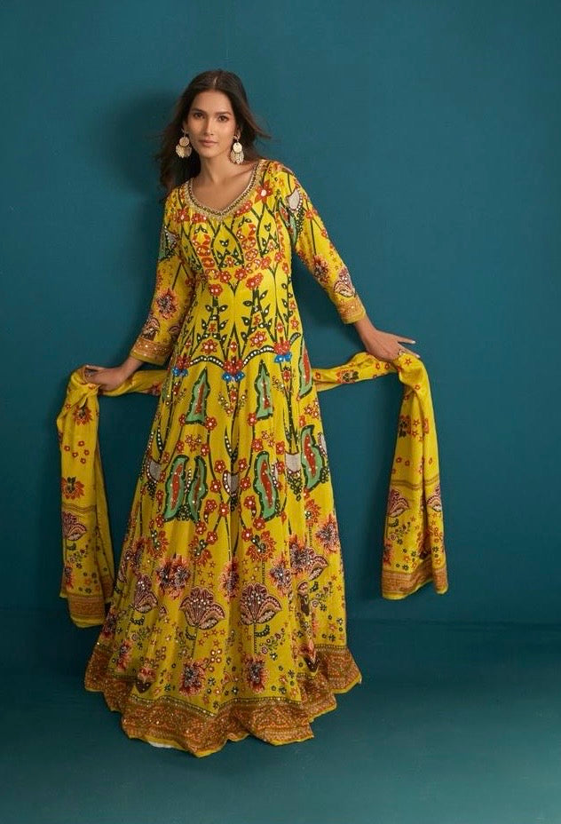 Crepe mirror Afgani and florals print gown