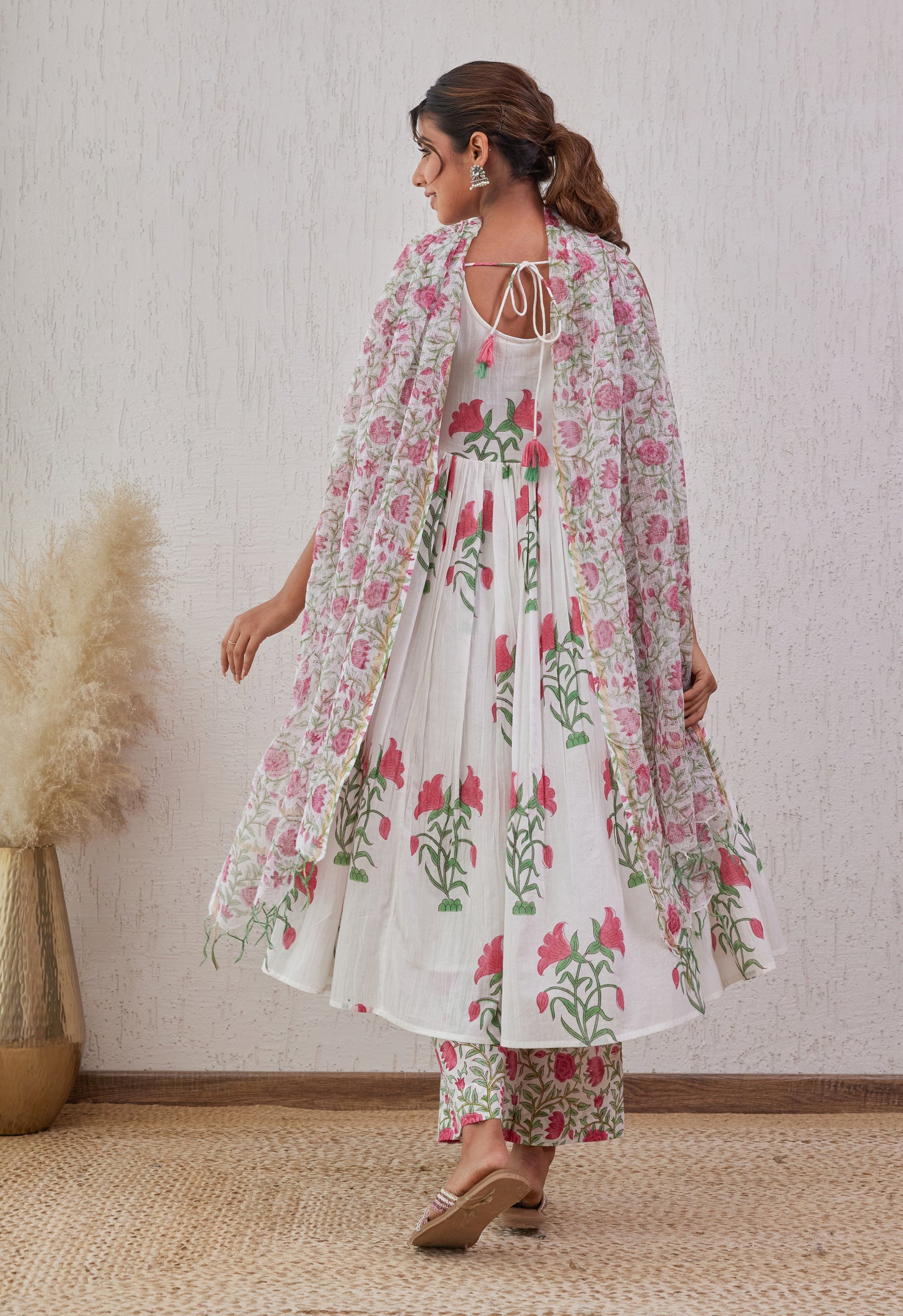 Hand block white pink/blue cotton suit