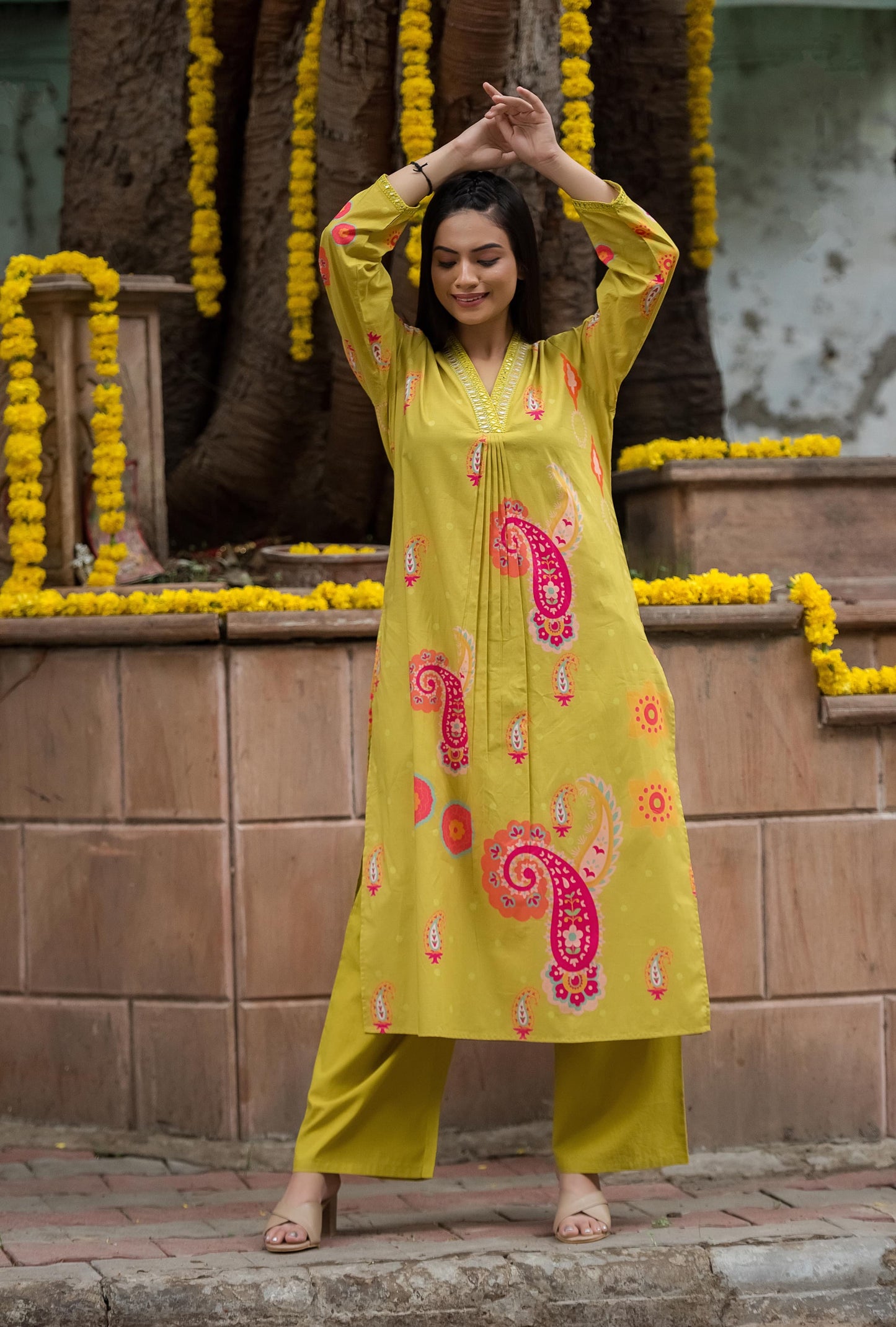 Classy lime yellow cotton print kurta pant