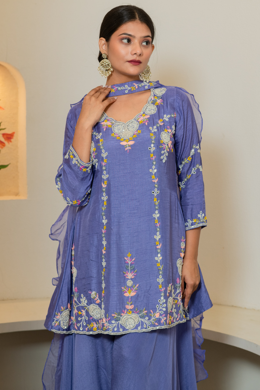 Silk Hand Embroidered Sharara Set