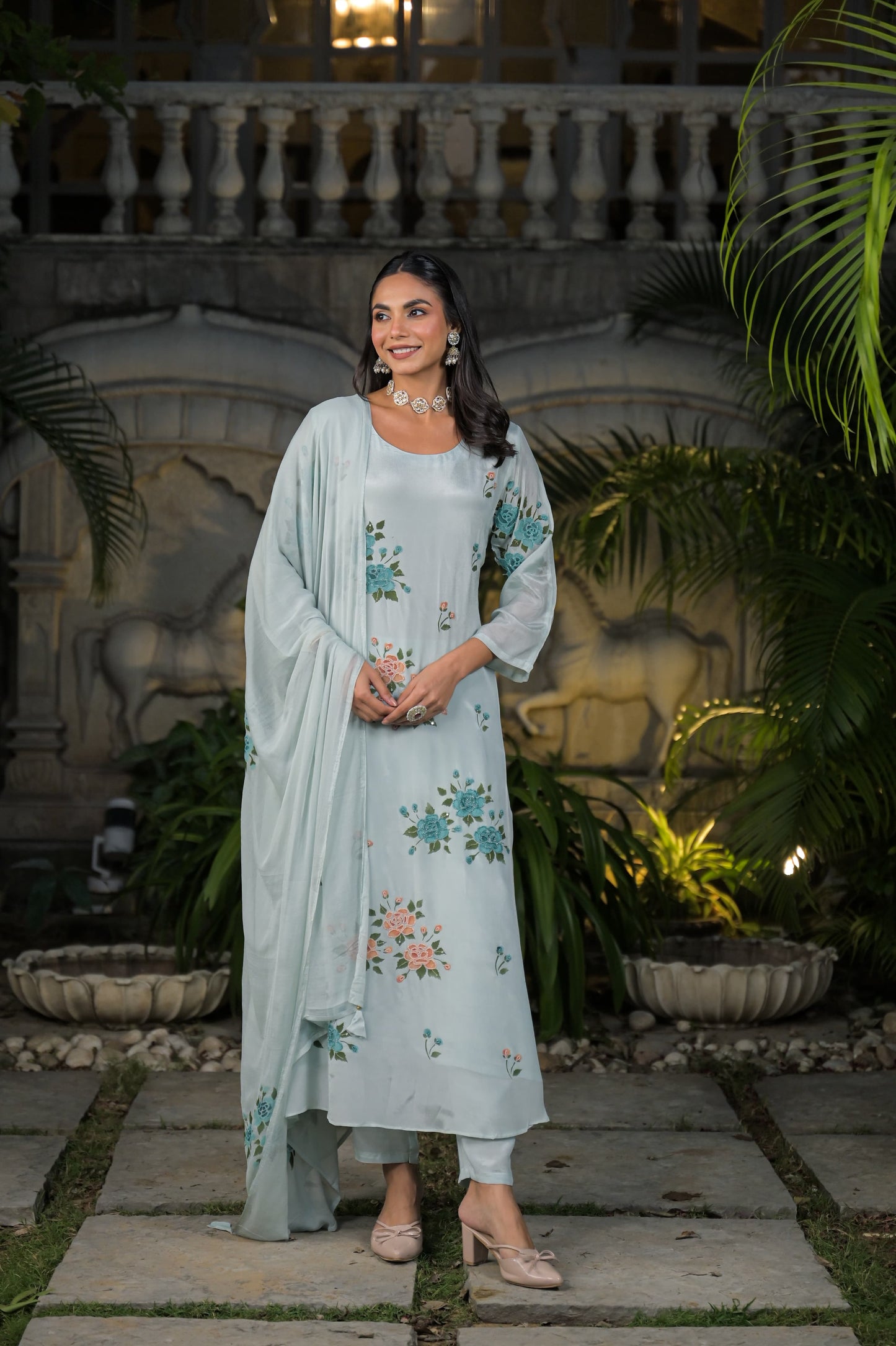 Handprinted with beautiful chinon fabric aline suit