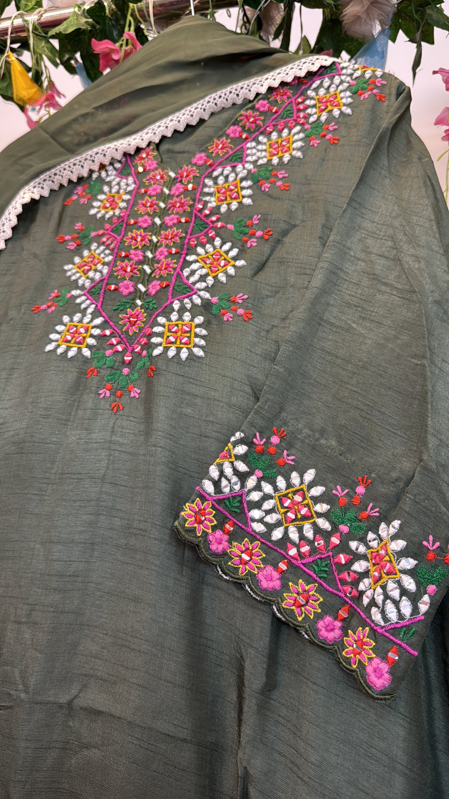 Green multi shades embroidery silk suit