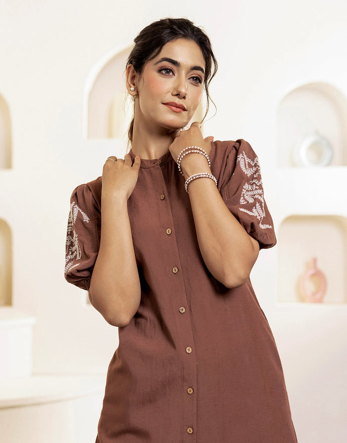 LAMHE EMBROIDERED FRONT OPEN KURTA SET-BROWN
