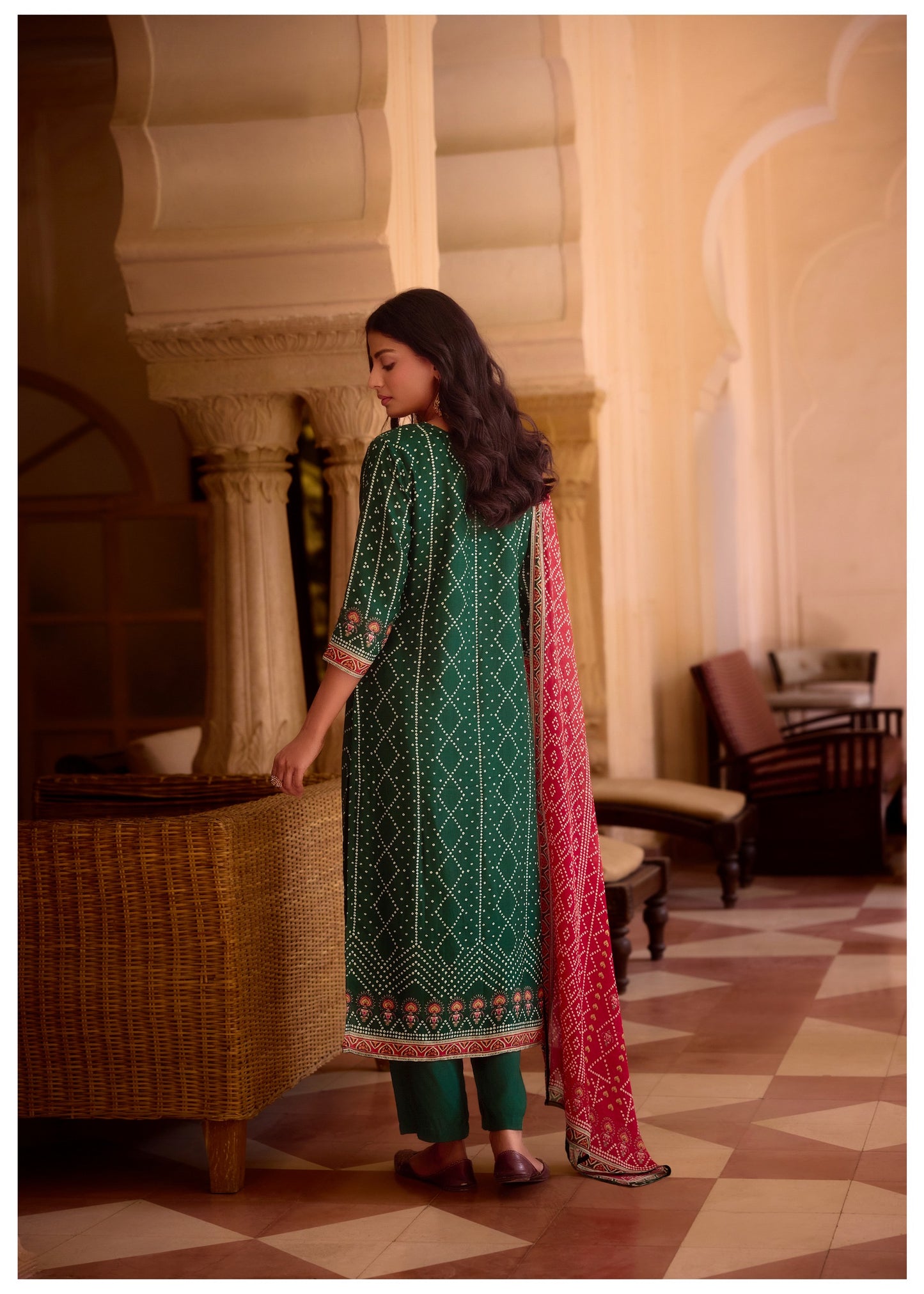 Bottle green Bandhani Russian silk suit