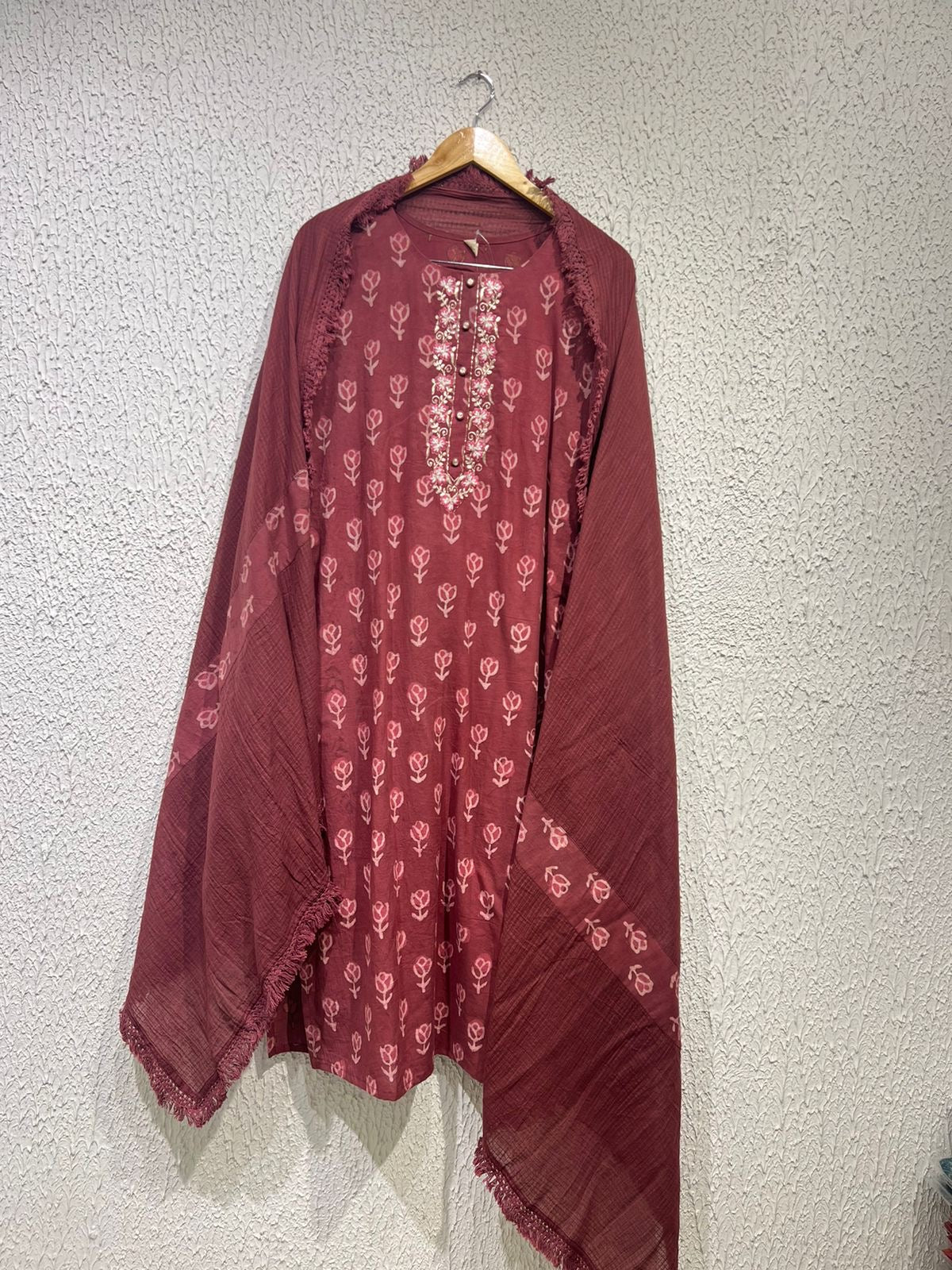 Hand block wine cotton suit