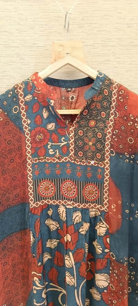 Blue Marron multi print Ajrakh crepe skirt