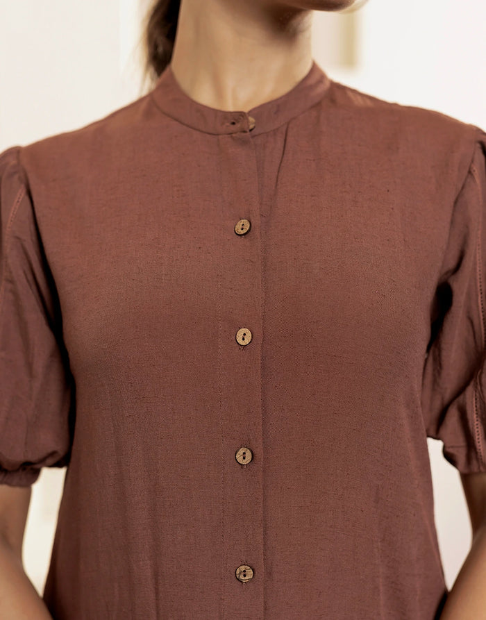 LAMHE EMBROIDERED FRONT OPEN KURTA SET-BROWN