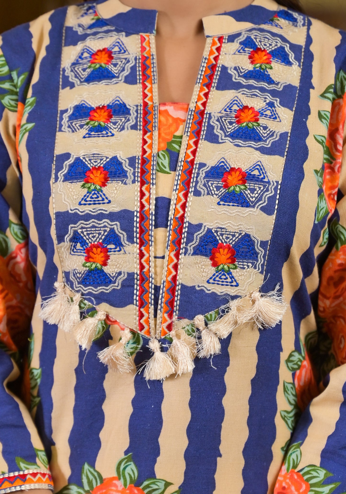 Stripe floral blue kurta pant