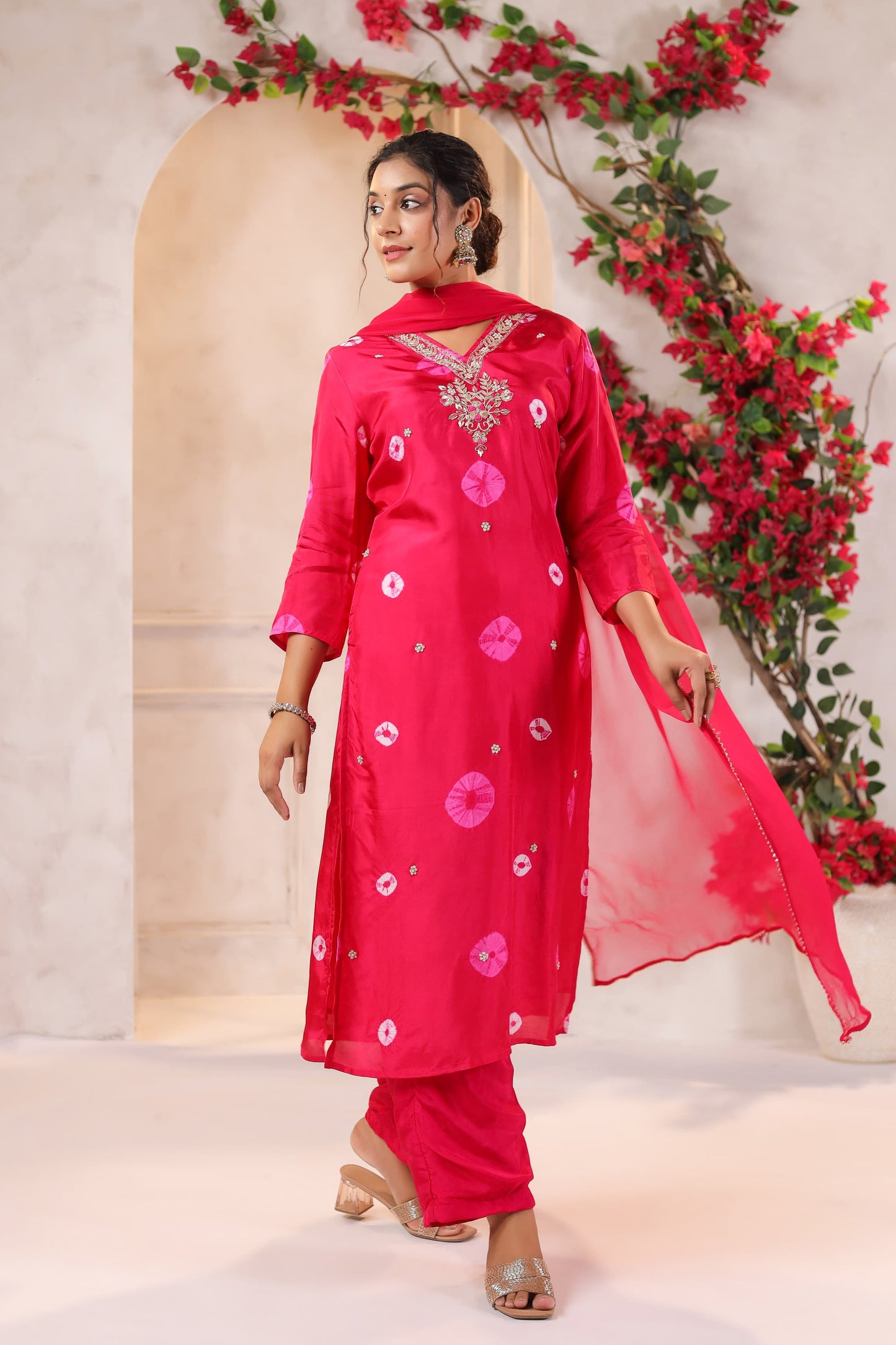Pink Bandhani silk suit