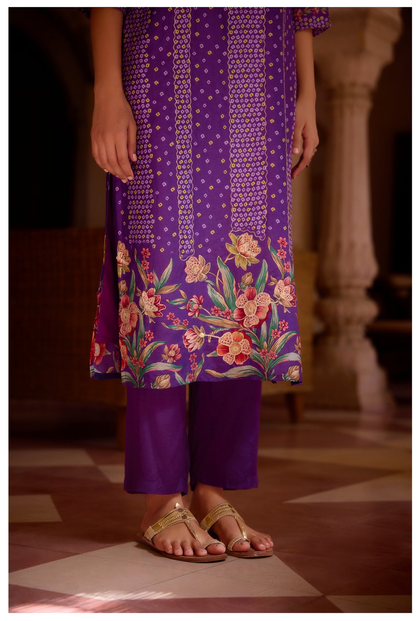 Purple Bandhani Russian silk suit