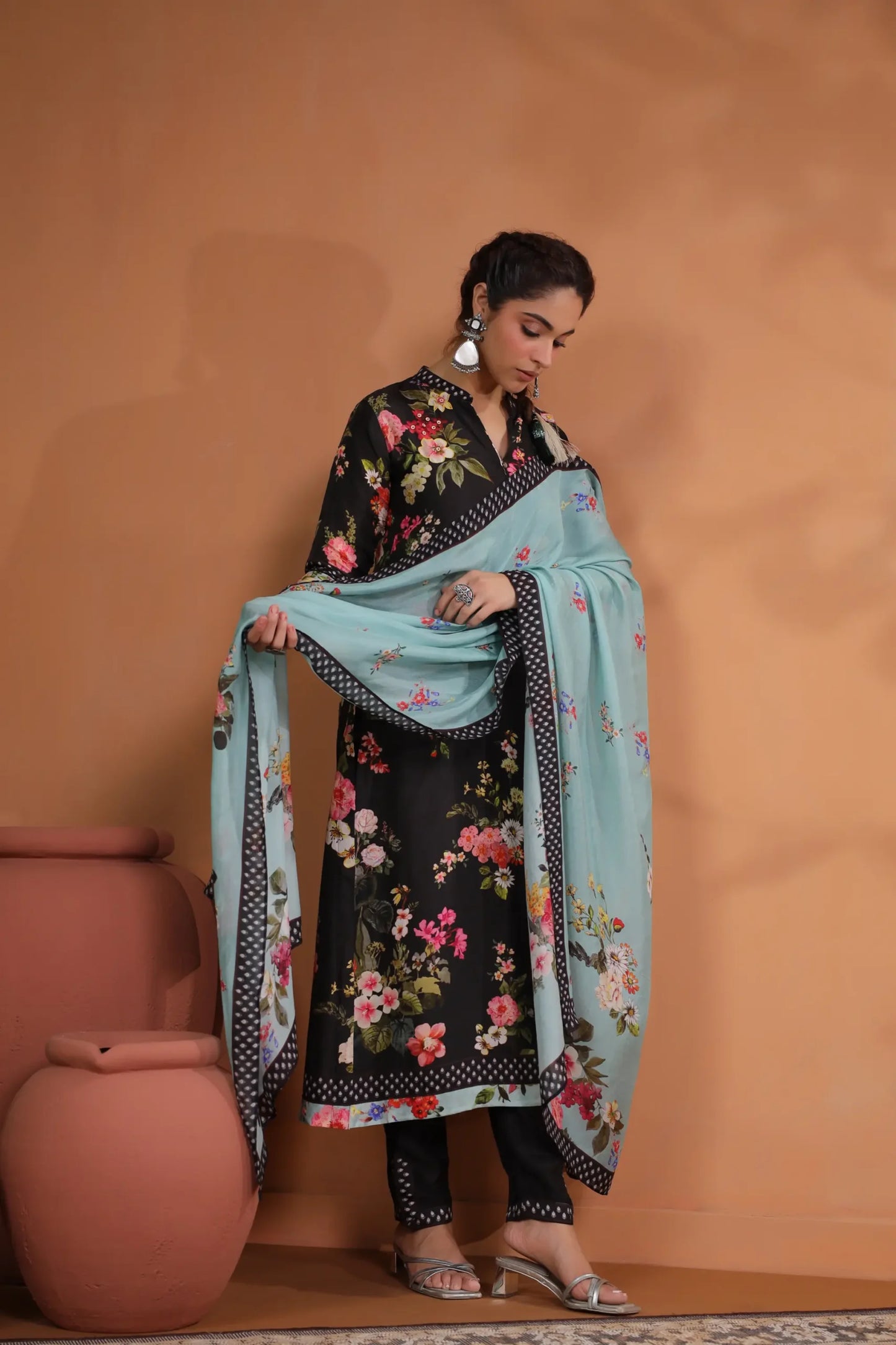 Black floral silk suit
