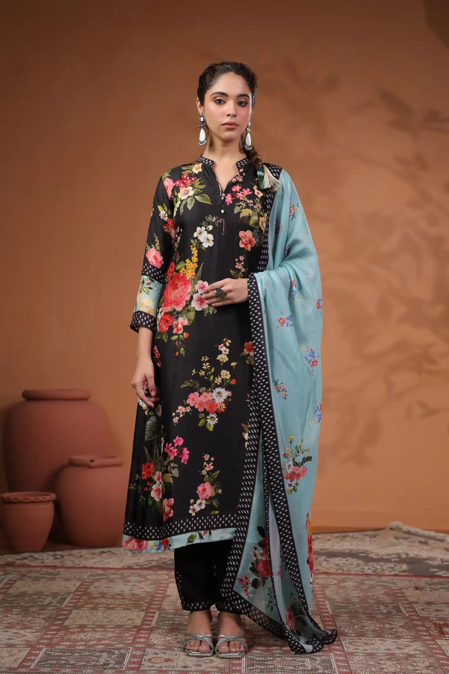 Black floral silk suit