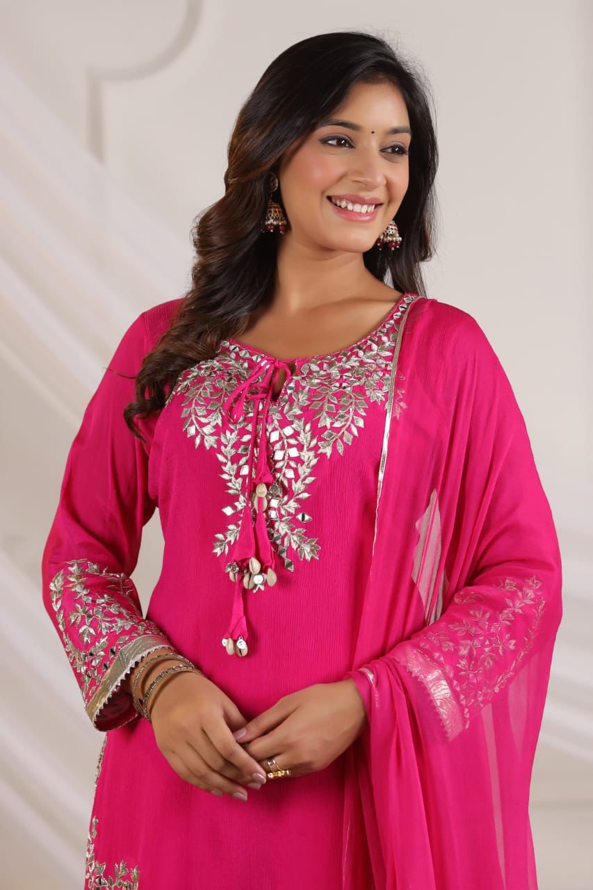 Pink Chinon gota lather real mirror work Sharara set with pure chiffon dup