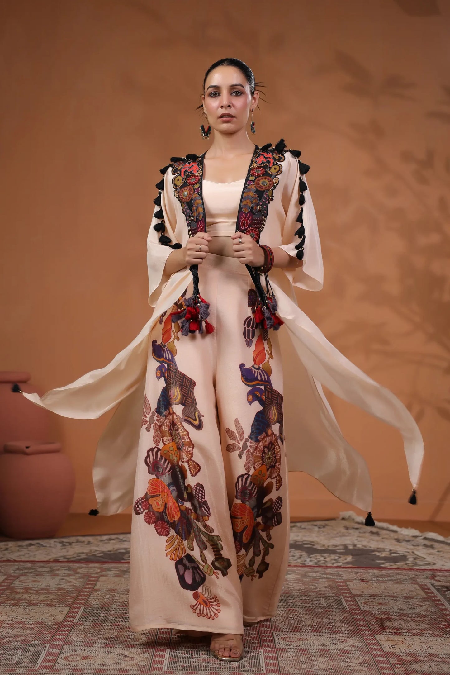 3 Piece Set , Printed Trouser Hand Embellished Jacket With Bustier