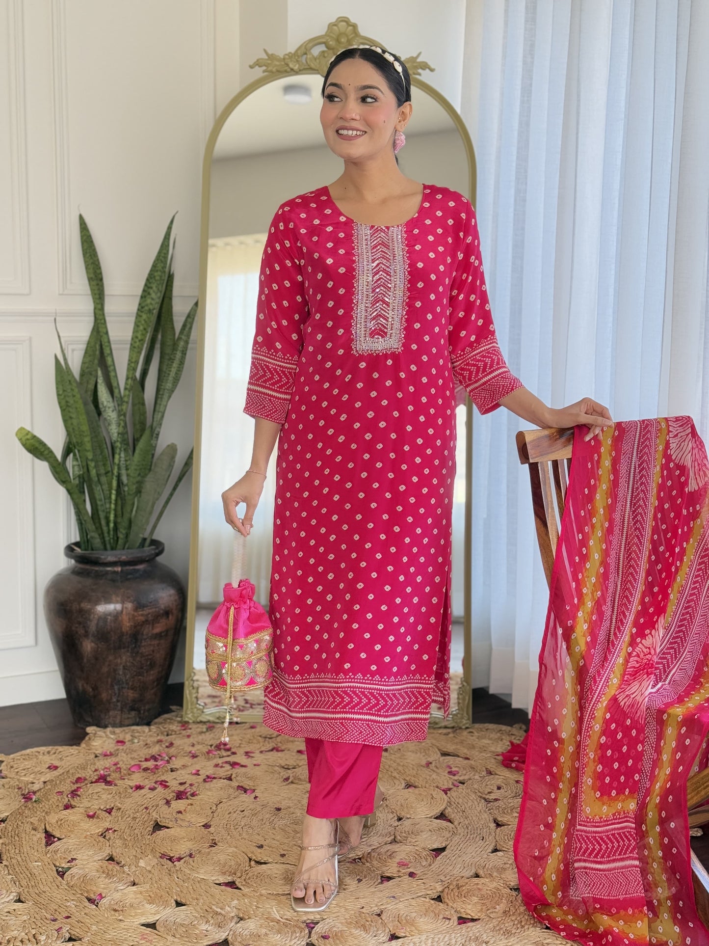 Pink Bandhani crepe suit