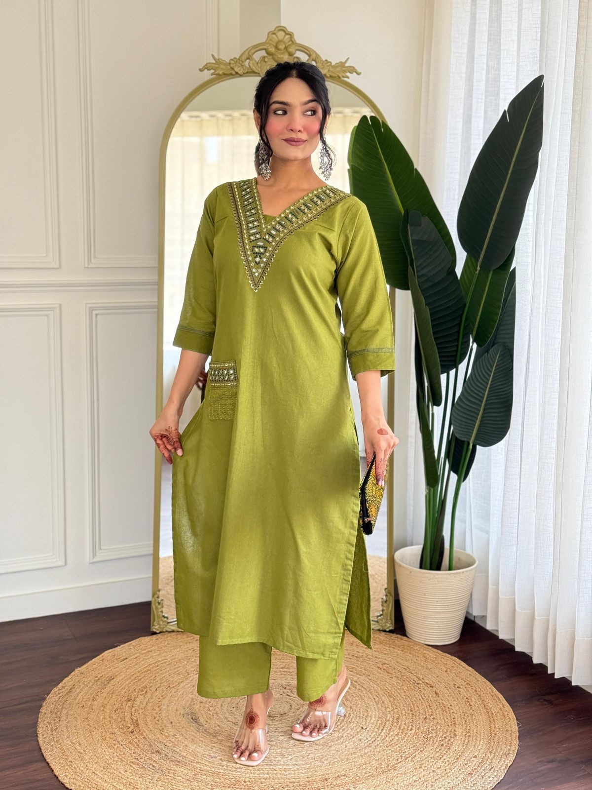 V mehendi green cotton kurta pant