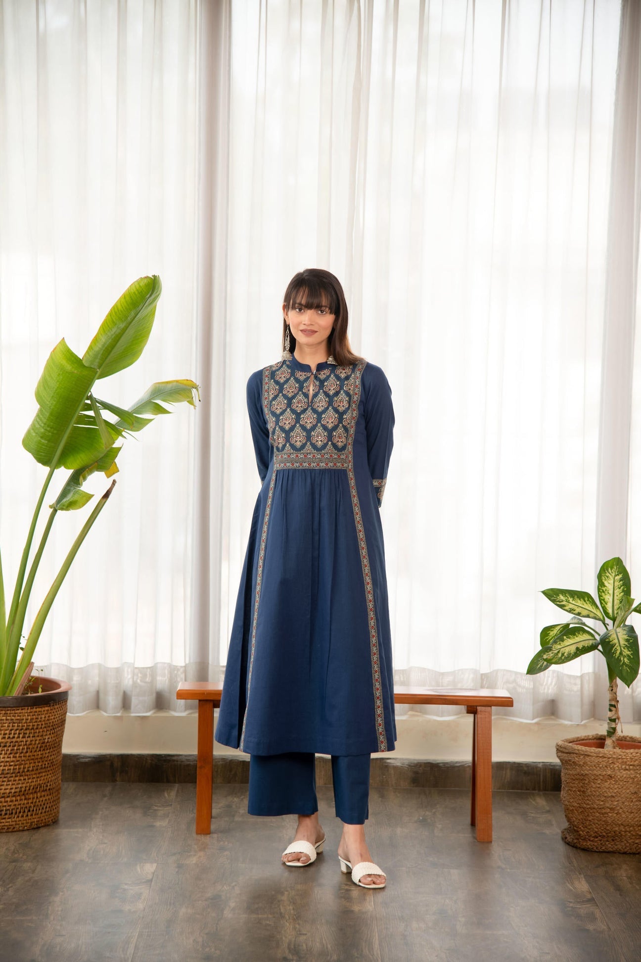 Indigo Blue Cotton Printed Yoke A-Line Kurta